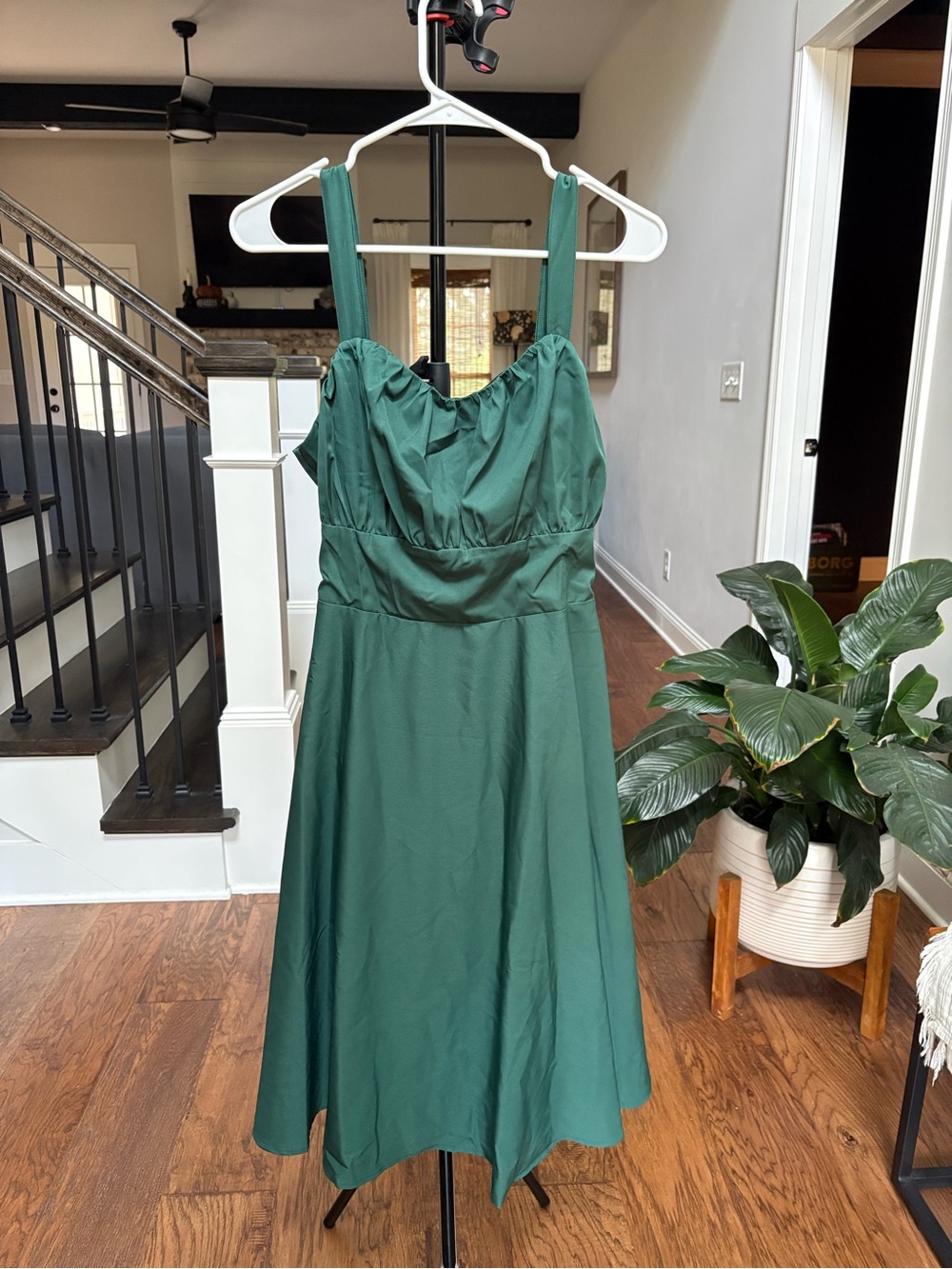 Sleeveless Midi Dress in Deep Green with Gathered Bodice